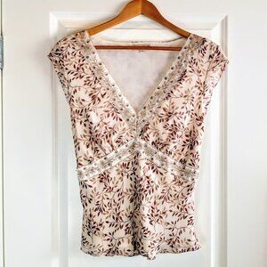 Floral V-Neck Blouse - Cream and Brown